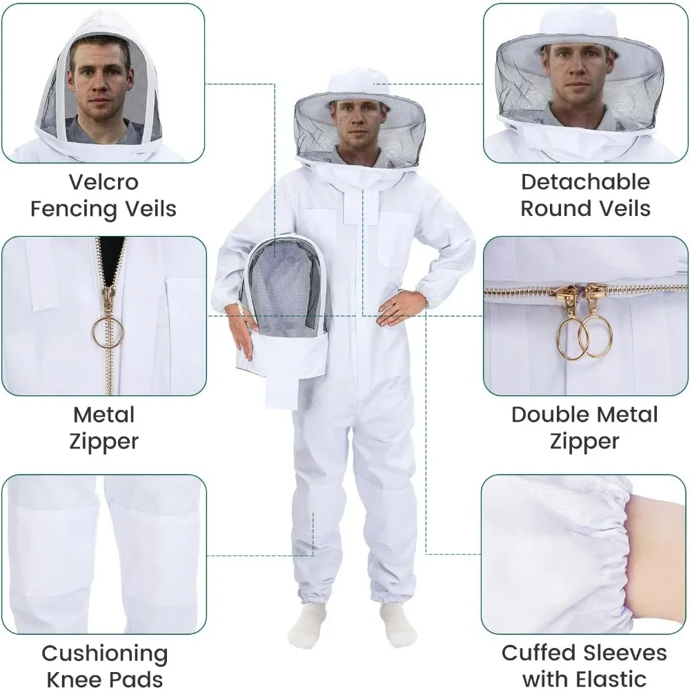 Bee Suit for Men Women Ventilated Sting Proof Beekeeping Suit with Veil Hood, Beekeeper Clothes Round and Fenncing Veil