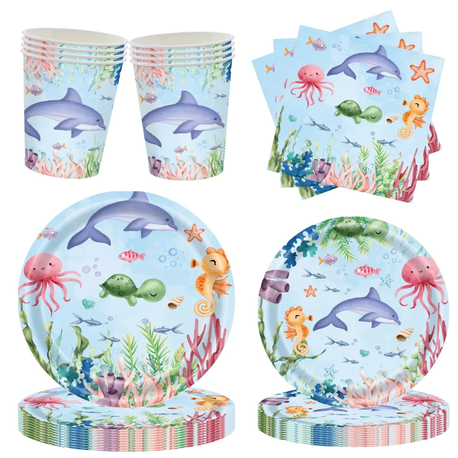Marine Animals Disposable Tableware Seabed Turtle Dolphin Hippocampus Plates Happy Ocean Theme Birthday Party Decor