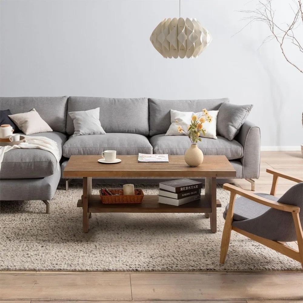 Farmhouse Wood Coffee Table - 43.4” Mid Century Modern Wooden Coffee Tables for Living Room, Solid Firwood Tabletop Rectangle 5