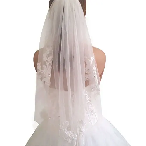 

1 Tier Lace Appliques Bridal Veil Crystal Beaded Tulle Wedding Veils with Comb