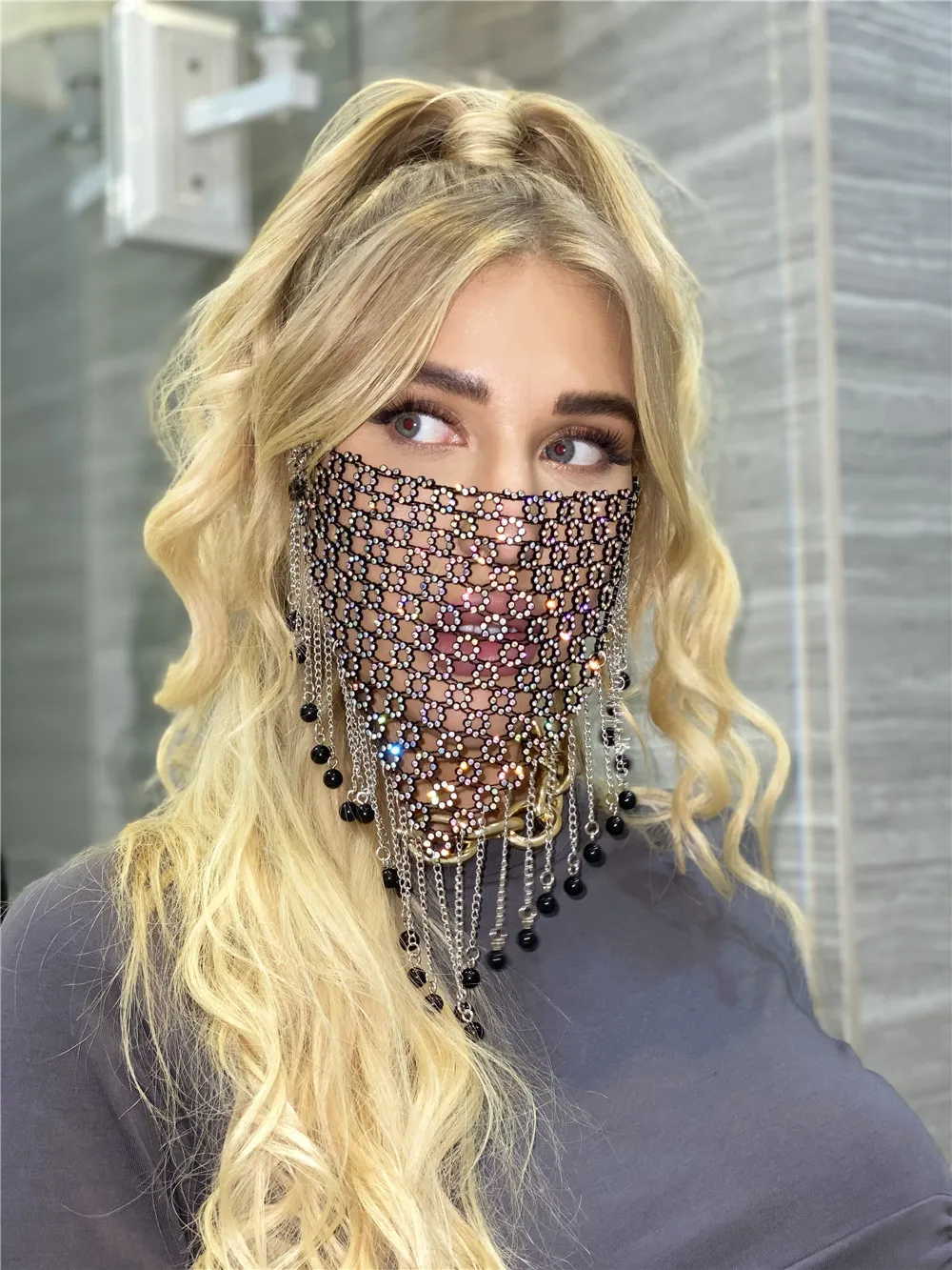 

Shiny Rhinestone Mask Face Decor Bling Tassel Veil Mask Reusable Metal Crystal Dance Face Veil Bandana Masquerade Party Jewelry