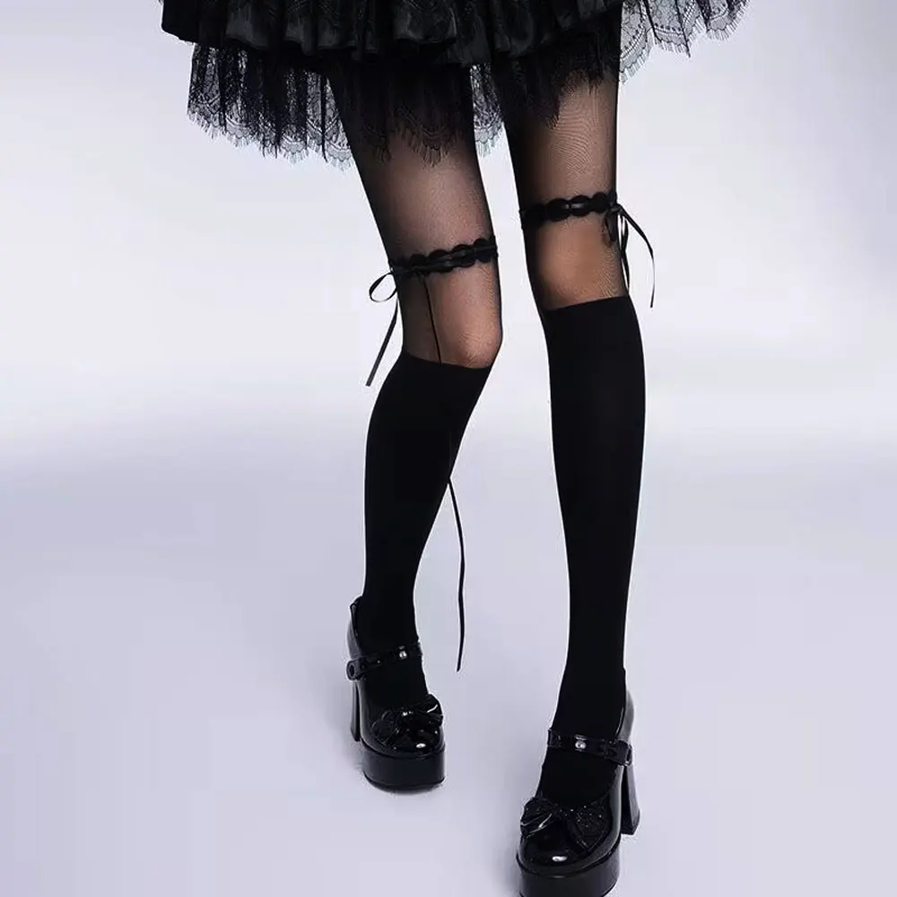 Description Picture 3 of itemWomen Bow Stockings Splice Slim Thin Party Thigts Nylon Club Gothic Lolita Black Pantyhose Straps Y2k