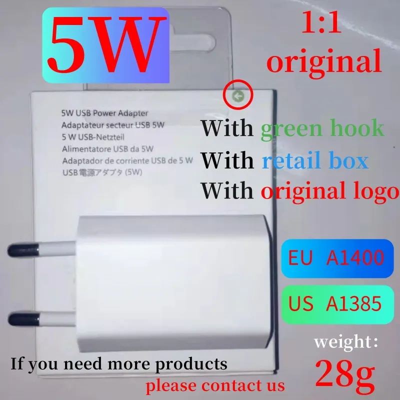 10pcs Original Quality 28g A1400 A1385 US/EU Plug USB Wall Charger AC Power Adapter For Phone 7 8 6 6S Plus With retail Box |
