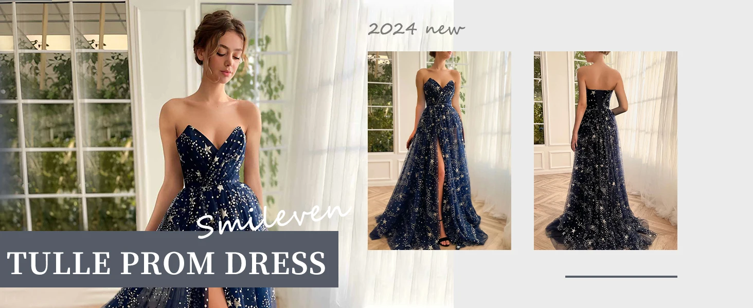Smileven Womens Sparkle Starry Tulle Prom Dresses Strapless Slit Formal Evening Party Gowns