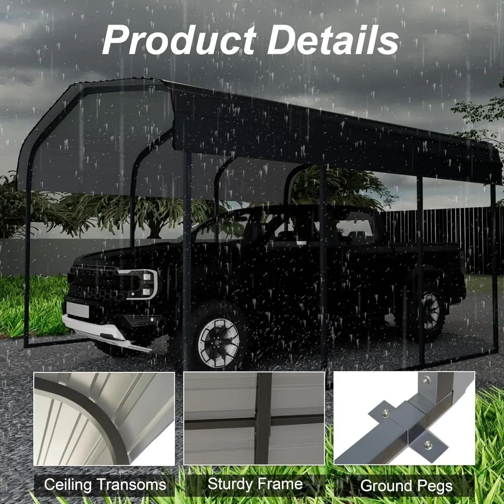 10 &times; 15 FT heavy-duty carport kit, metal garage carport roof with galvanized steel roof and frame, charcoal black