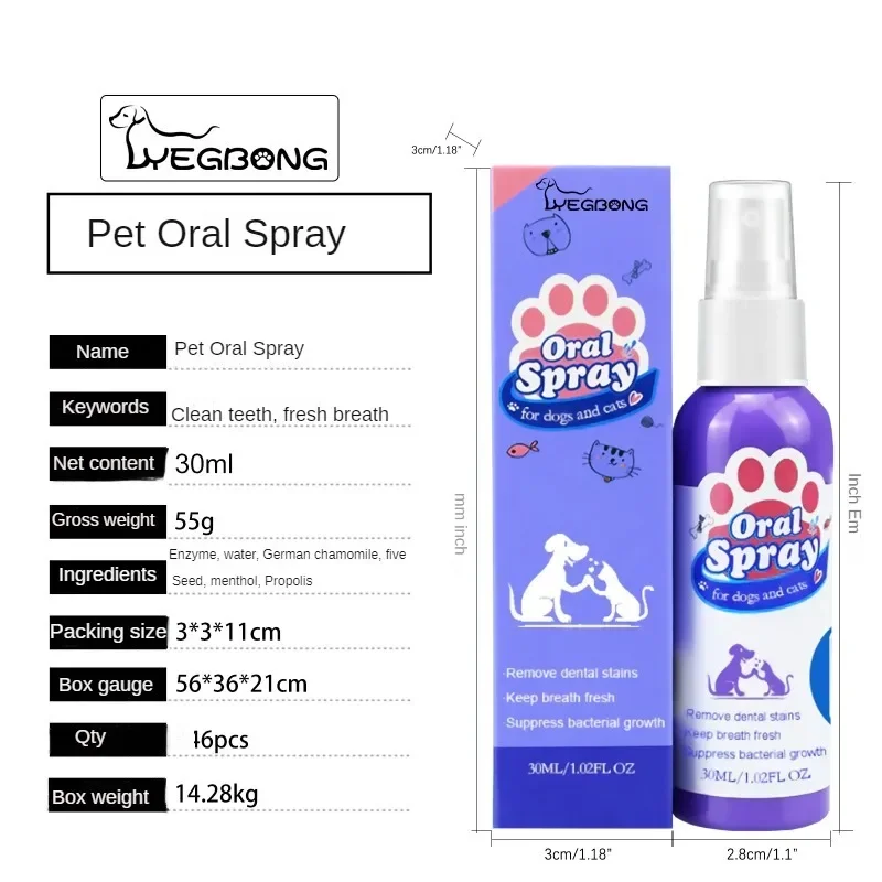 Spray limpiador dental para mascotas. Cuidado bucal. Mantiene el aliento fresco en gatos y perros.