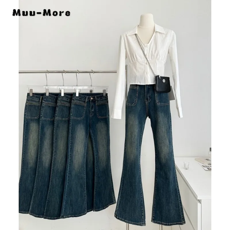 

Женские джинсы с завышенной талией, синие облегающие брюки-клеш из денима в стиле ретро, одежда на осень и зиму, 2023