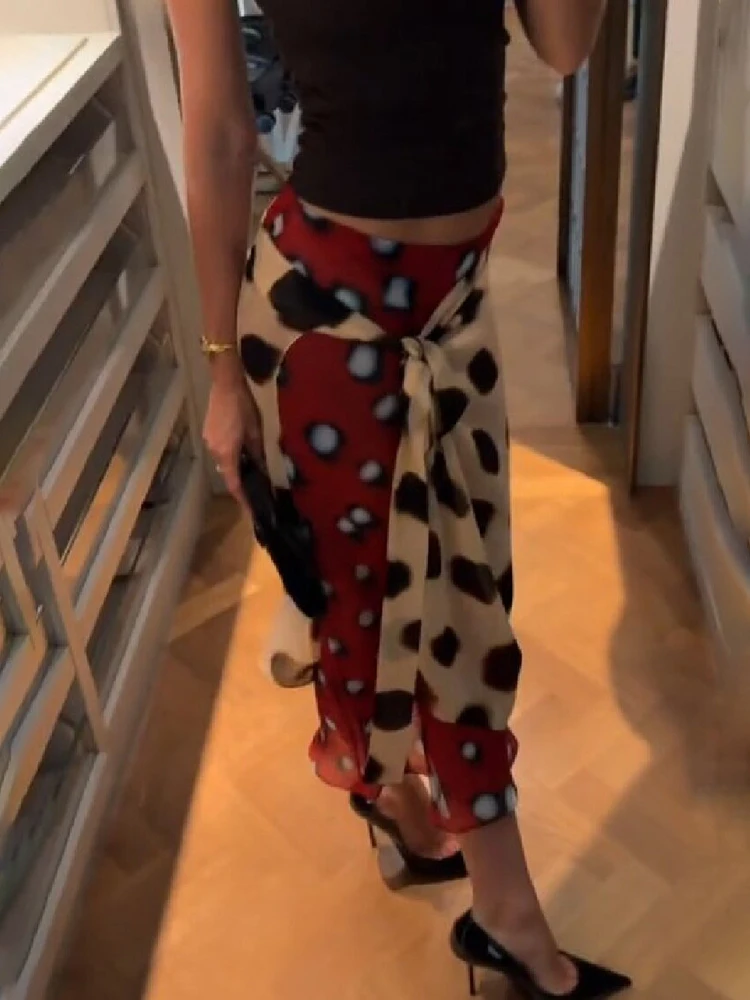 Vintage Two Tone Polka Dot Print Wrap Skirt Chic Irregular Hem Layered Chiffon Tie Waist Midi Skirt Summer Vacation Beachwear