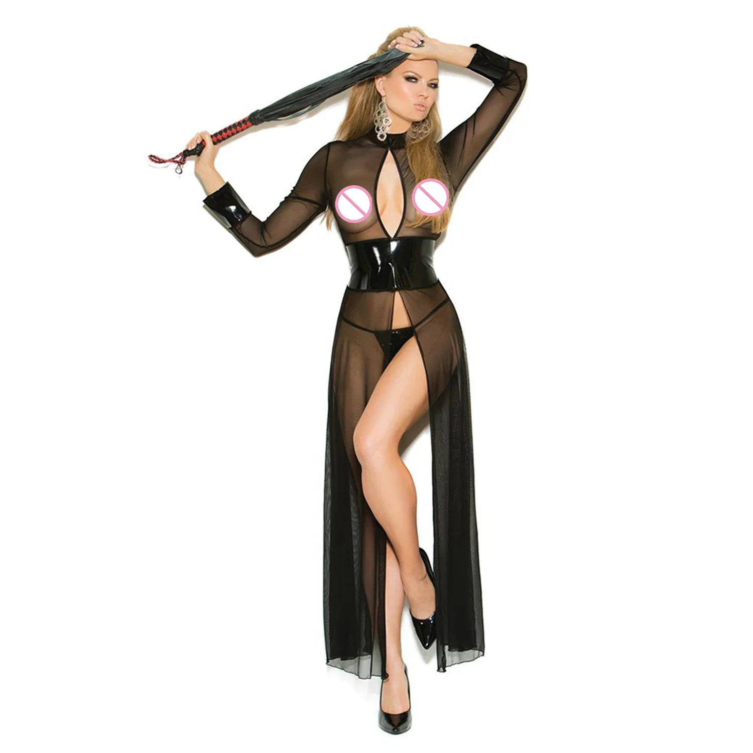 

Women Elegant Mesh and Vinyl Long sleeve Gown Dress