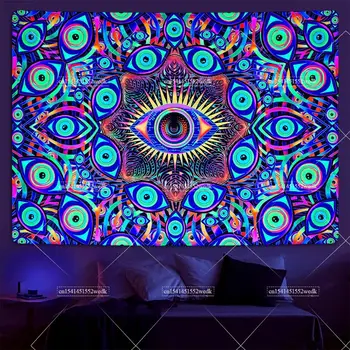 Blacklight Eyes Tapisserie Murale Réactive UV, Tapisseries Boho Mandala, Hippicopter, Trippy, Abstrait, Lumière Noire, Chambre 1