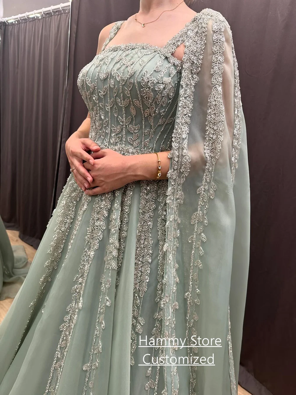 Elegant Formal Evening Dress for Woman Customized Square Neck Sleeveless Beading Sequined A Line Prom Gown with Cape 2