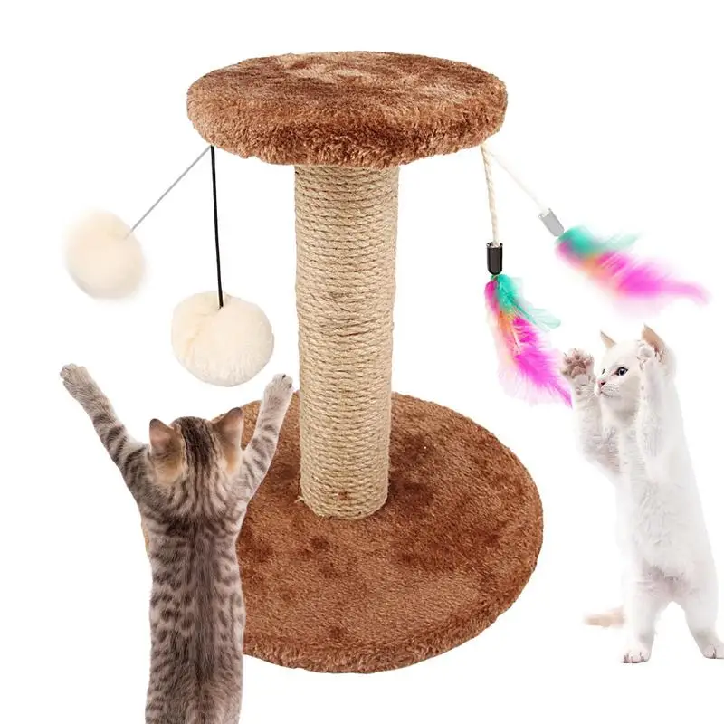 

Double Layer Cat Scratcher Tower With Fluffy Balls And Feather Cat Interactive Scratching Post Tree For Indoor Cats playing toy