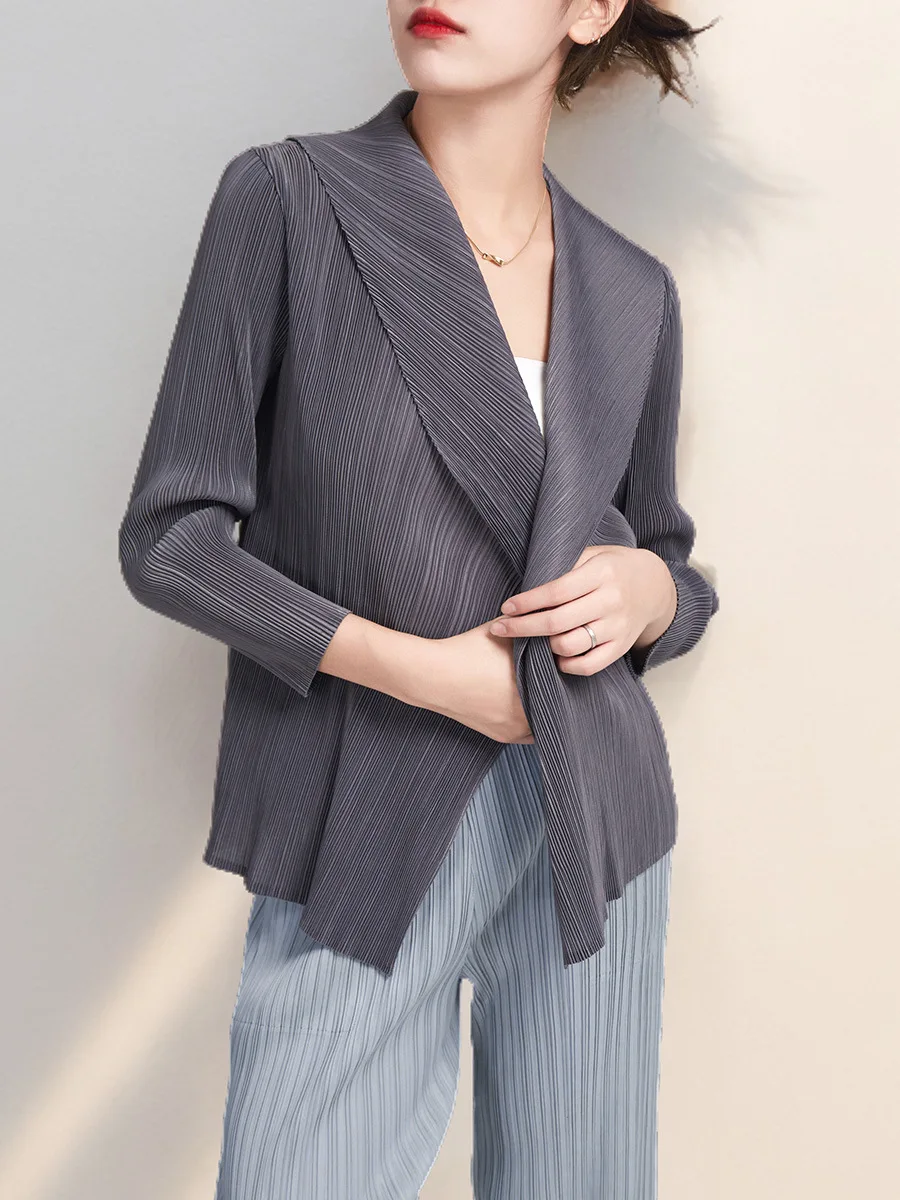 Miyake Pleated Short Jacket 2025 Spring Summer Women's Casual Tops Flap Collar Loose Shopping Peplum Cardigan Tunic Tops