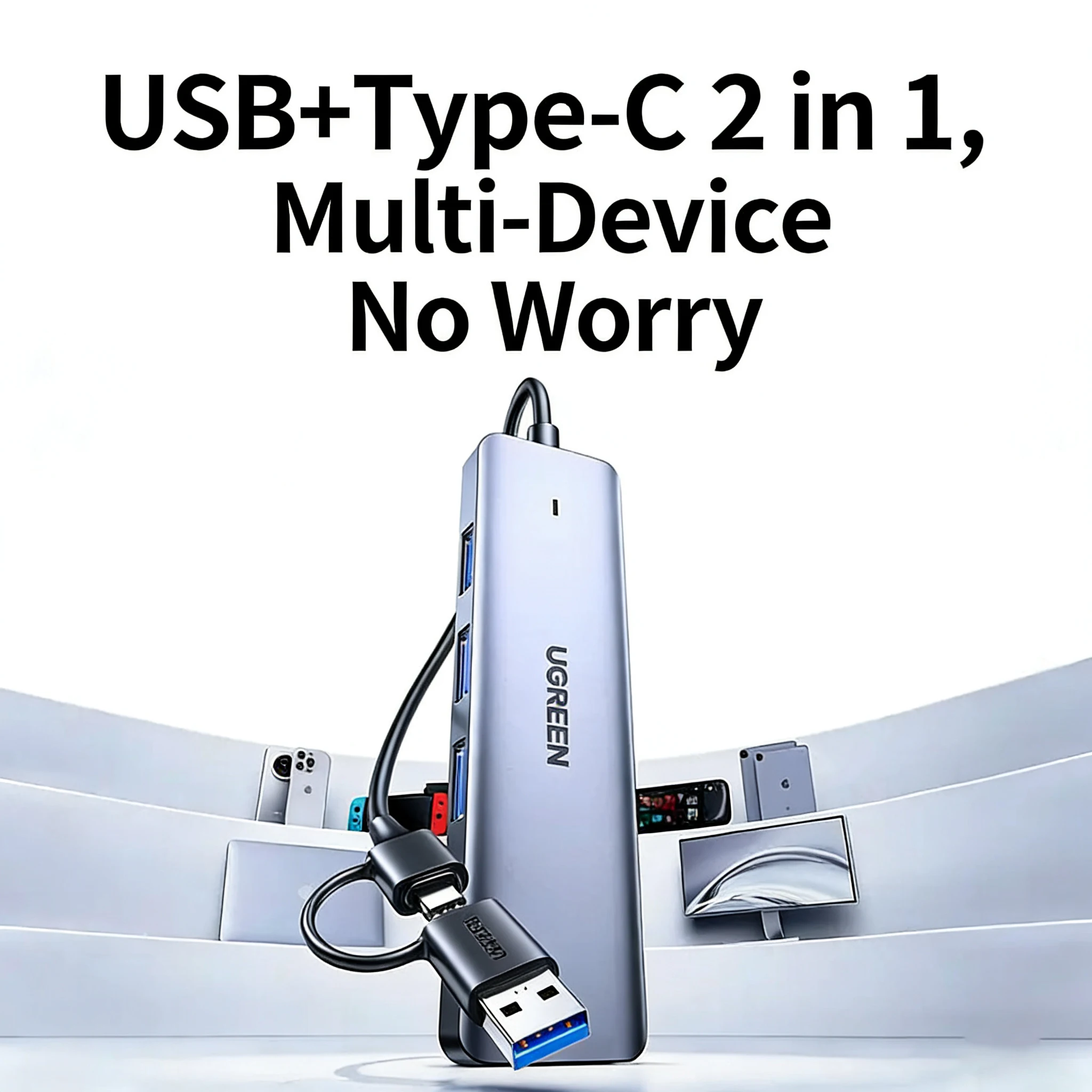 UGREEN 듀얼 포트 4-in-1 USB 허브, 타입-C 3.0 스플리터 멀티 포트 허브 어댑터 (노트북용, 0.15m)