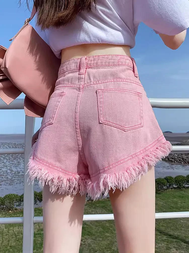 New Women Summer Tassel Denim Shorts Fashion High Waist A-Line Hottie Shorts Casual Sexy Gray Ragged edge Shorts