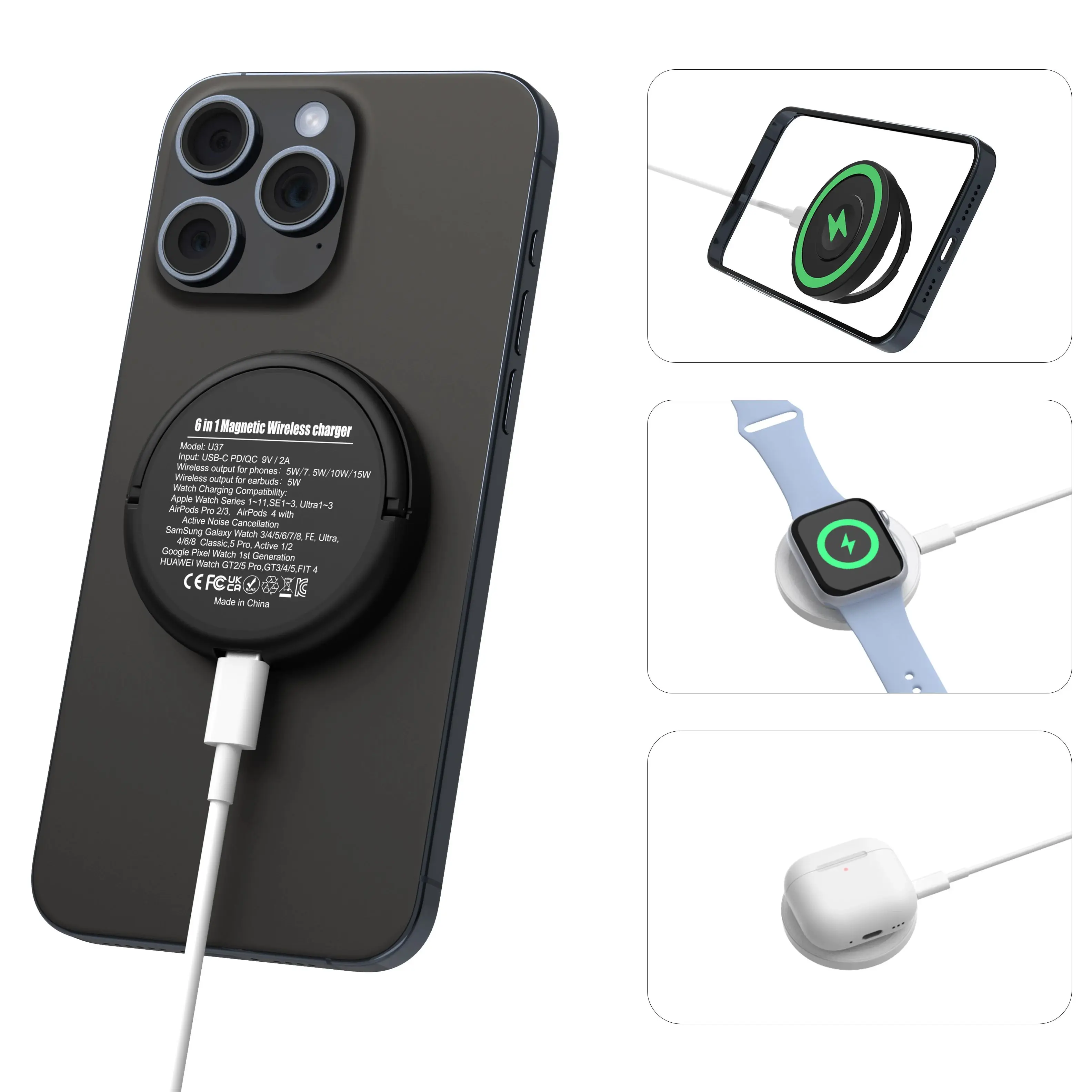 Universal Magnetic 3-in-1 Wireless Charging Station for Smartphones, Watches, and Earbuds