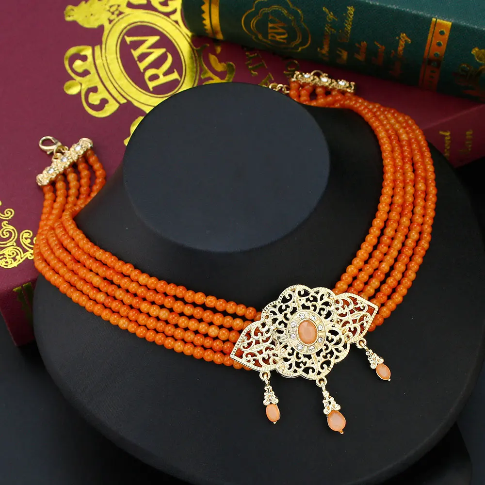 Sunspicems-قلادة من الخرز الجزائري العرقي للنساء ، سلسلة لون اليشم ، لون ذهبي ، قلادة مغربية باندانت ، مجوهرات الزفاف