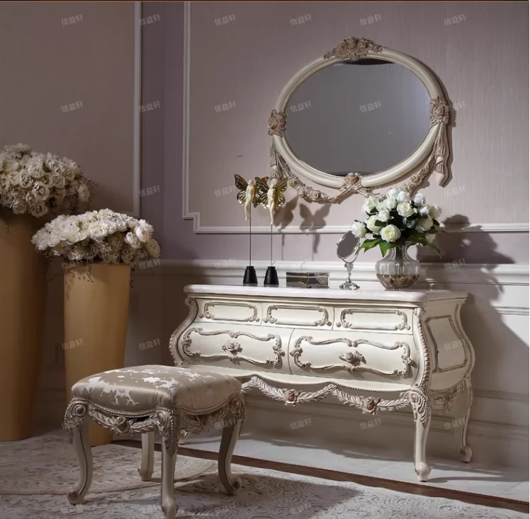 

French court bedroom solid wood dressing table European carved drawers dressing table locker storage cabinet