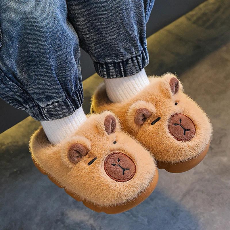 Capybara Cartoon Fluffy Slippers Children Indoor Soft Bottom Mother-Child Cotton Slippers Anti Slip Winter Warm Plush Slides 45
