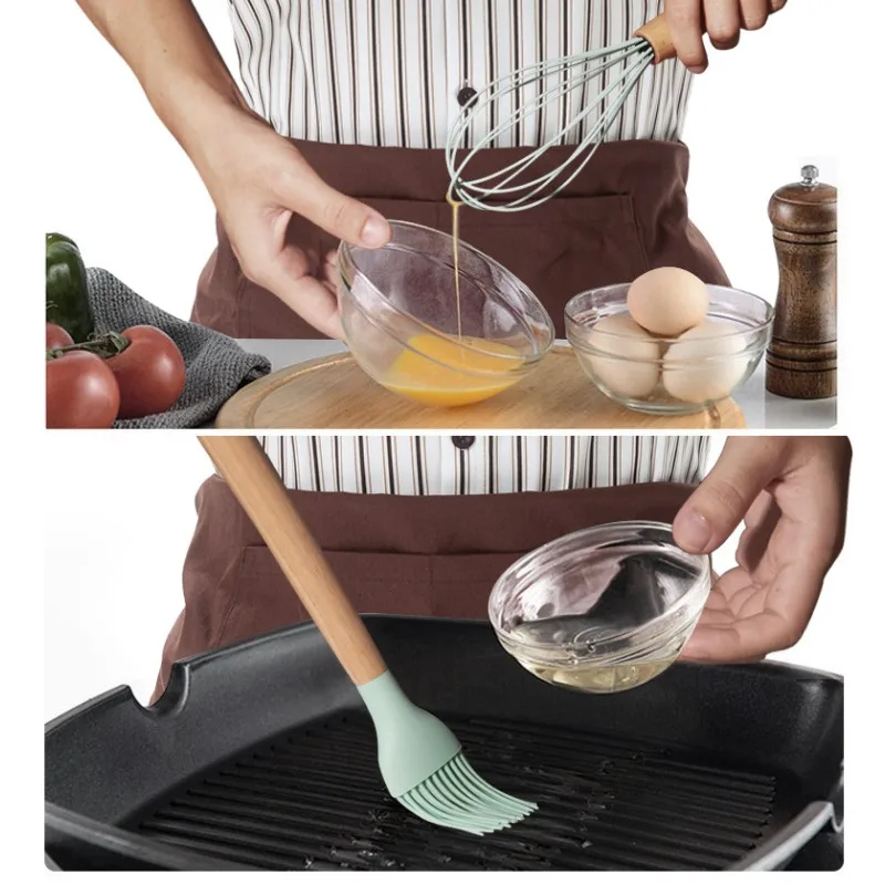 12Pcs Silicone Cooking Utensils Set Wooden Handle Kitchen Cooking Tool Non stick Cookware Spatula Shovel Egg Kitchenware Beaters