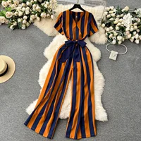 Gentle Women Jumpsuit Stripe V Neck Sleeveless 2024 Lace Up Bow High Street Korean Style Summer Long Senior Rompers - Image 3