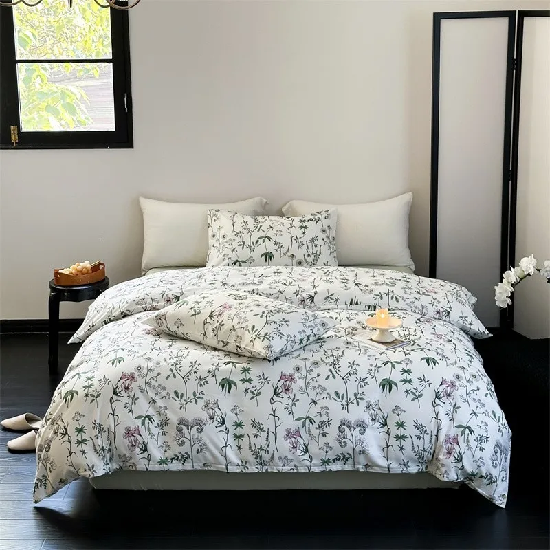 

100%Cotton Twin Double Queen King Family Bedding Set 4pcs Ultra Soft Breathable Floral Leaves Duvet Cover Bed Sheet Pillowcases