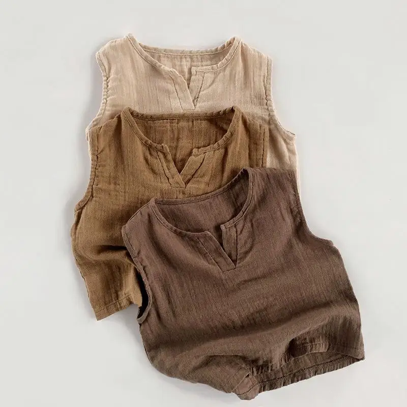 1-7Y Summer Baby Boys Girls Sleeveless T Shirts Korean&Japan Fashion Toddler Kids Cotton Linen Tank Tops Casual Children Clothes 2