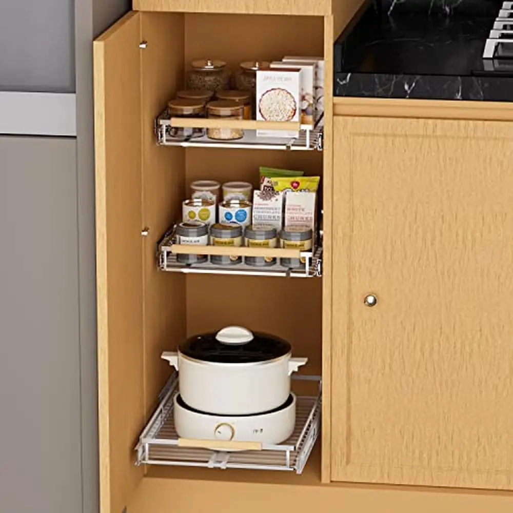 Expandable Stainless Steel Pull Out Drawer Organizer 2 Pack Sliding Shelf Kitchen Bathroom Office Durable Easy-to-Clean Storage