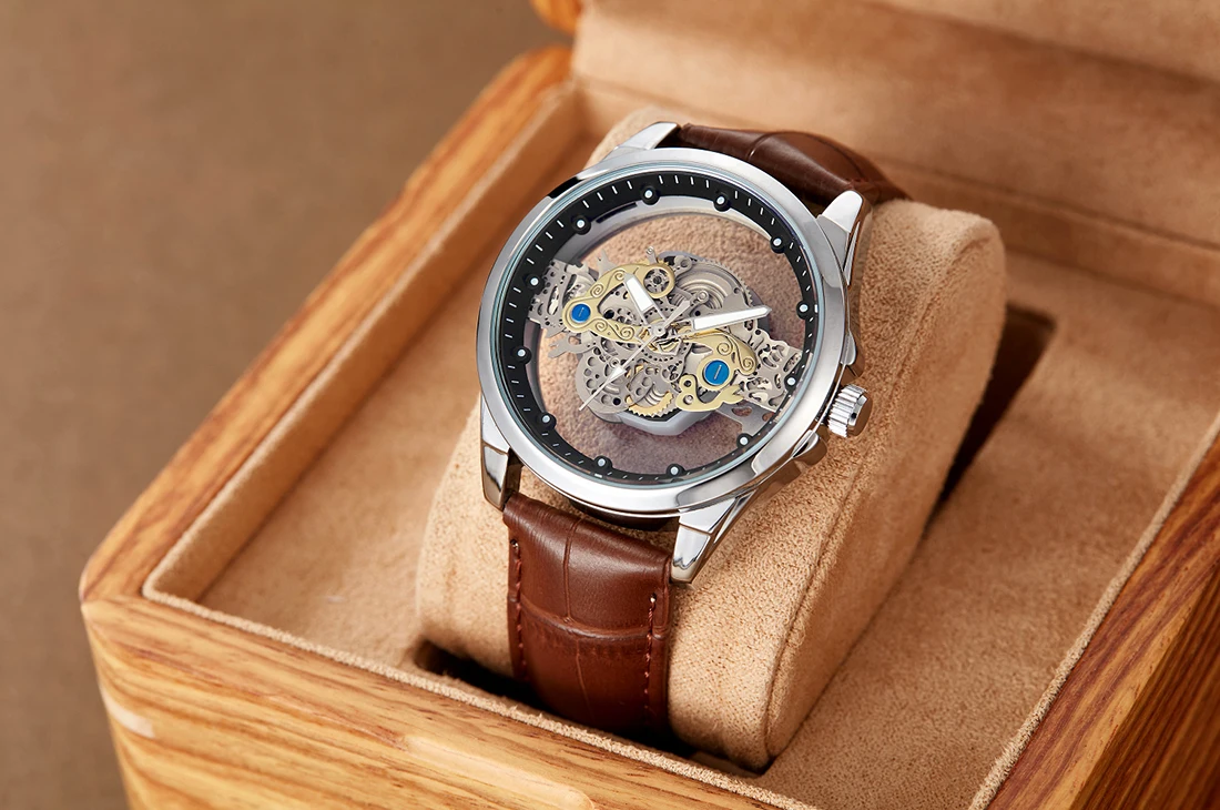 Aço Inoxidável Masculino Relógio Transparente, Luxo Steampunk Relógio De Ouro, Novo