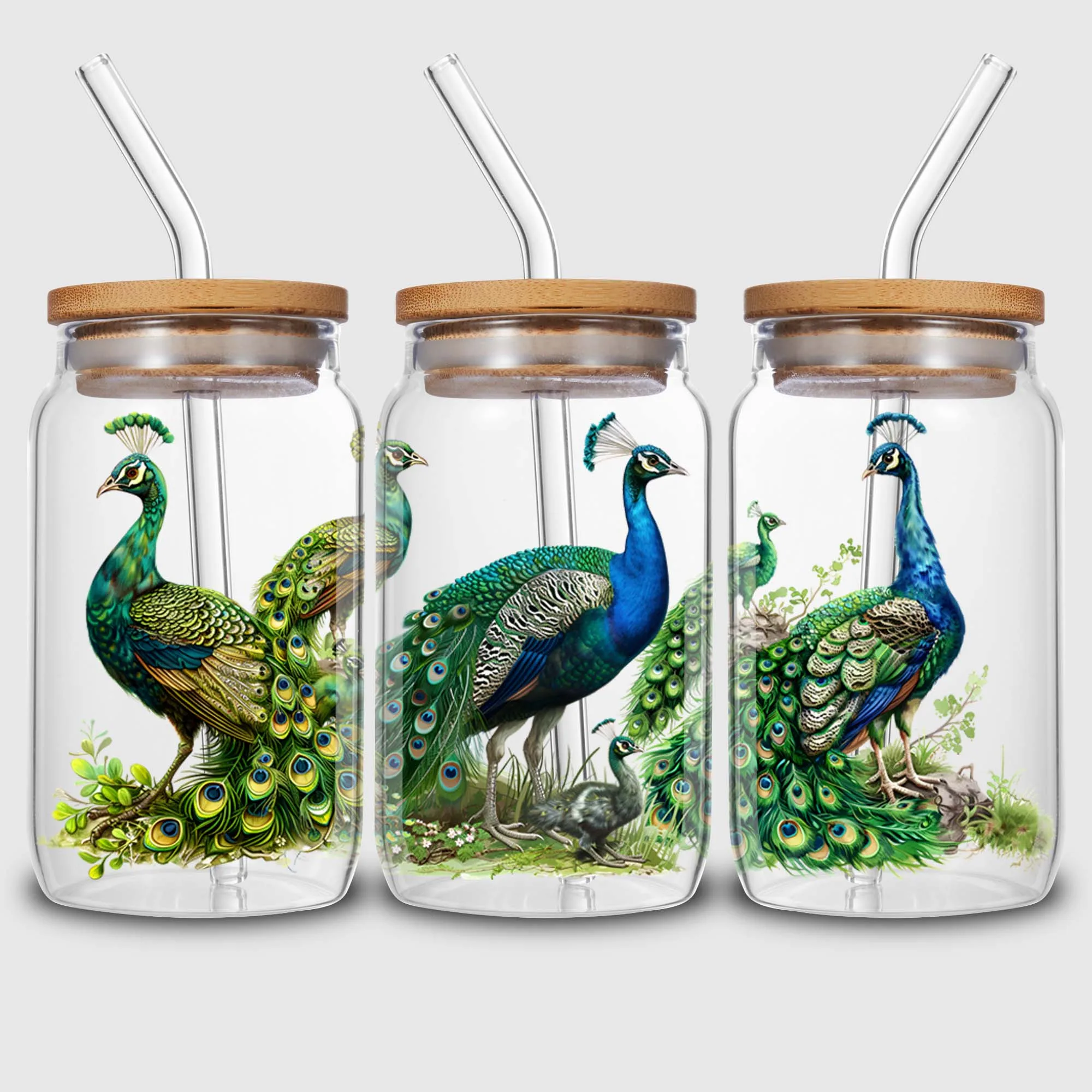 5 sheets Peacock UV DTF Cup Holder 16 oz, Beautiful Peacock DTF Cup Holder Transfer Glass, Water Bottle Waterproof Sticker