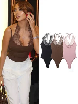 TFMLN Women Sexy Slim Bodysuits Chic Lace Partwork Sleeveless Fashion Backless Sling Tops 2026 Newest Lady Casual Playsuit 1