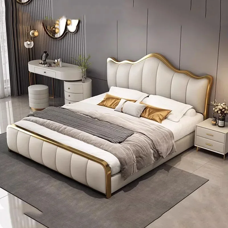 

Queen Aesthetic Luxury Double Bed King Size Frames Modern Bedroom Double Bed White Princess Leather Cabeceros Household Items