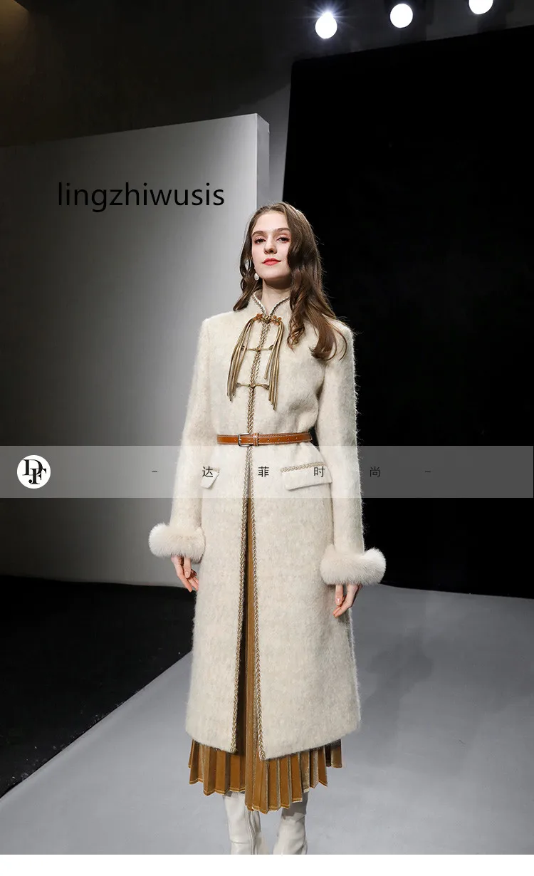 

Women Wool Coat 2023 Autumn Winter Elegant Vintage Chinese Style Fox Fur Thick Woolen Outerwear New Arrive