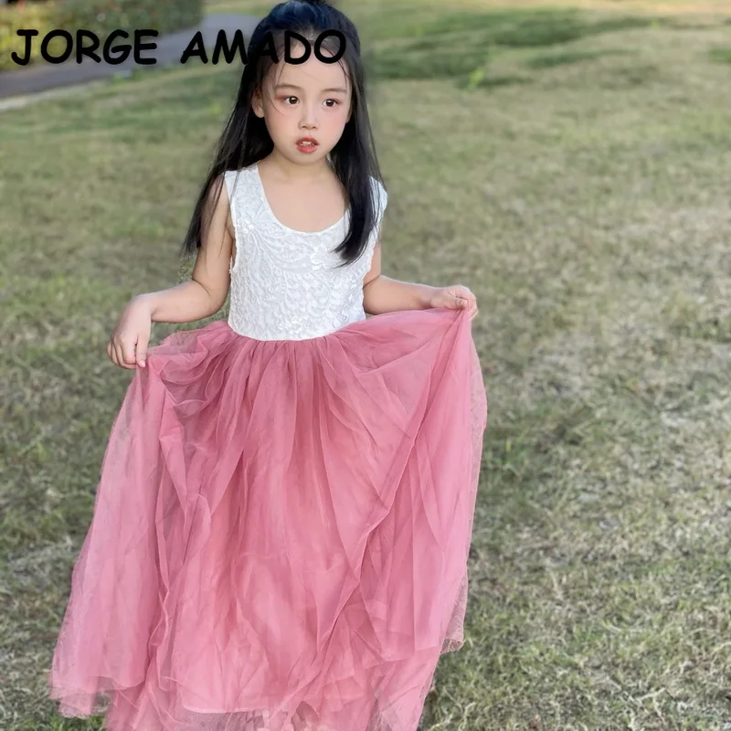 Summer New Girl Princess Dress Eyelash Back Lace Flat Tulle Bohemian Holiday Beach Dress Wedding Party E13843