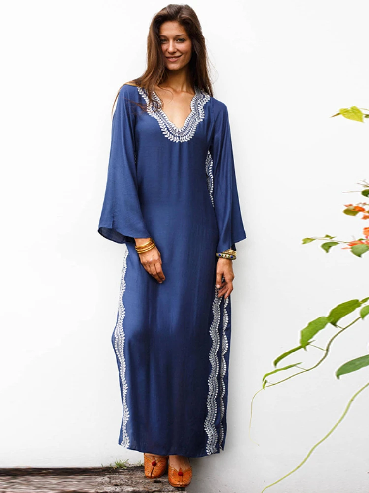 

Kaftans for Women Lace Embroidery Beach Dresses Swimsuit Cover Up for Swimwear Long Sleeve Side Split Bathing Suits