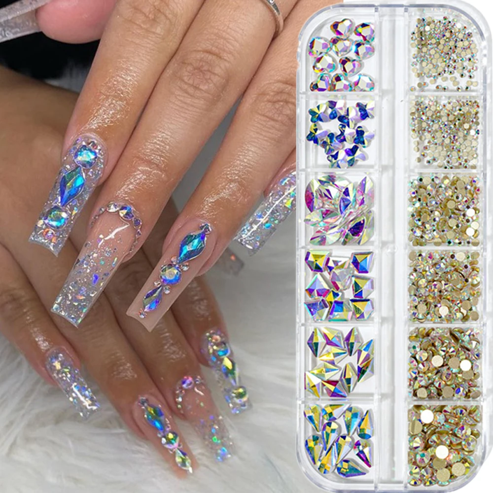 

12 Girds Colorful Nail Rhinestones Mixed Size Diamonds AB Flatback Shiny Crystal 3D Glitter Gems Nail Art Decorations Strass