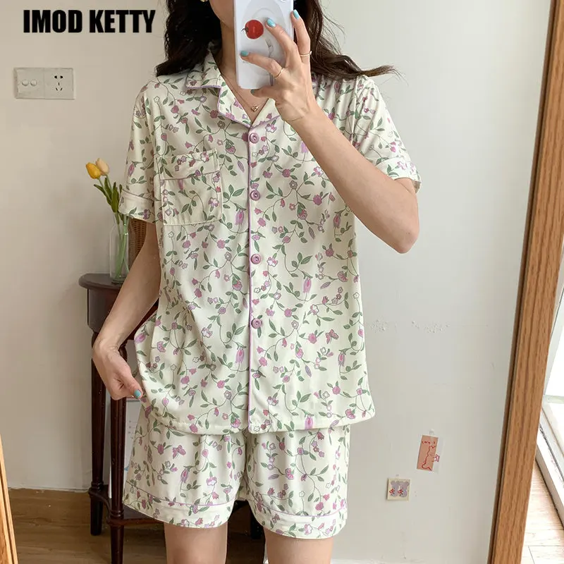 

Летний домашний костюм с лацканами, ночное белье, корейский Повседневный женский кардиган с коротким рукавом, пижама, тонкая пижама с принтом, шорты, пижама, 2 предмета