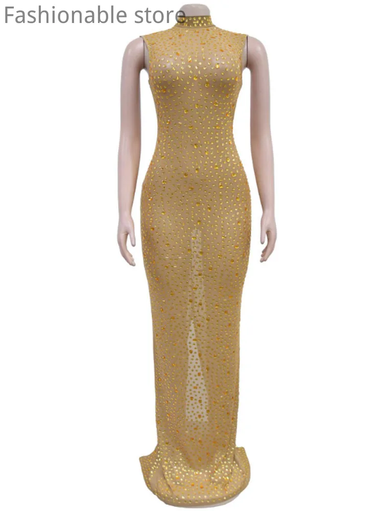 Vestido de fiesta sexy transparente con decoración de diamantes de