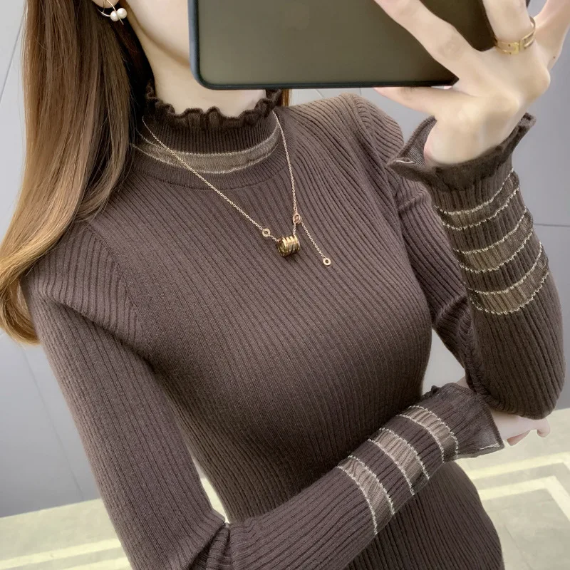 

Half High Collar Base Coat Women's Autumn And Winter Casual Fleece Lined Pullover Lace Inside Long Sleeved Sweater