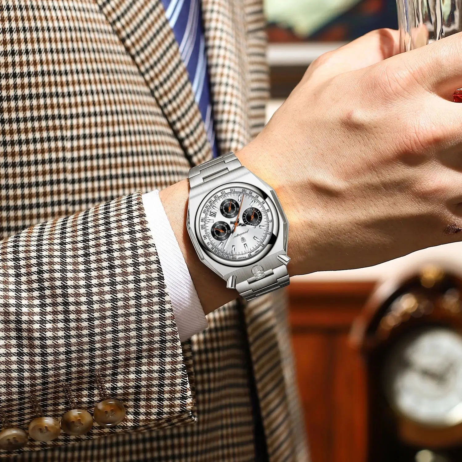 Orologio da polso da uomo, alla moda, sportivo, al quarzo, analogico, maglia nera, acciaio inossidabile, impermeabile, cronografo, datario automatico, S nero., Sportivo