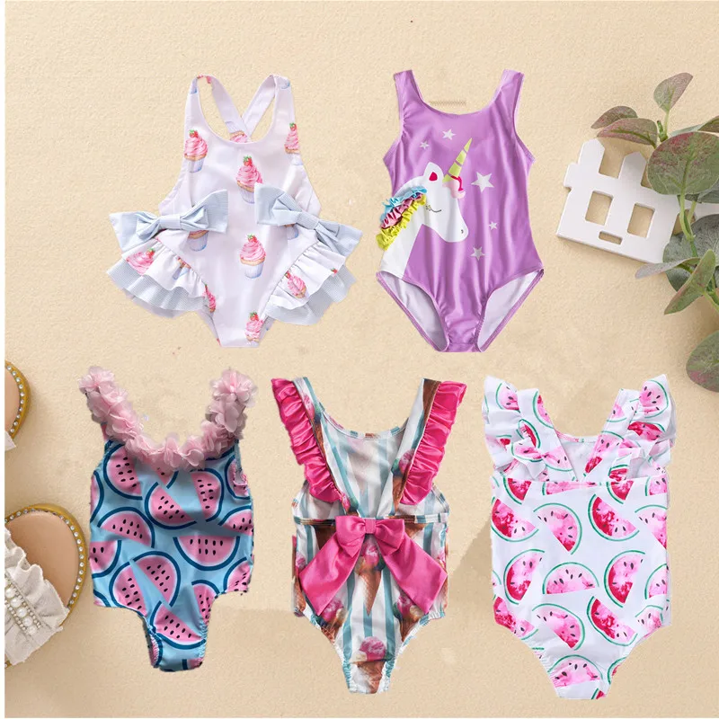 Summer One Piece Girl Swimsuits Baby Bow Ruffle Bathing Bikini Swimwear