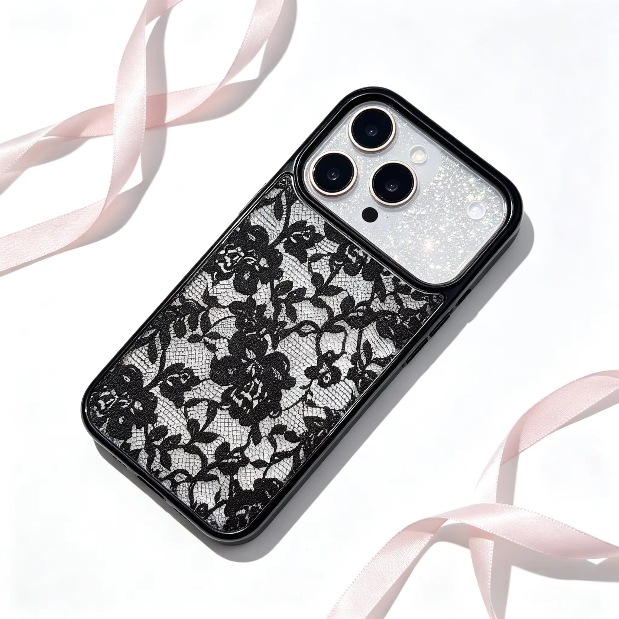 Elegant Black Lace Flower Transparent Phone Case - Korean Inspired Y2K Style