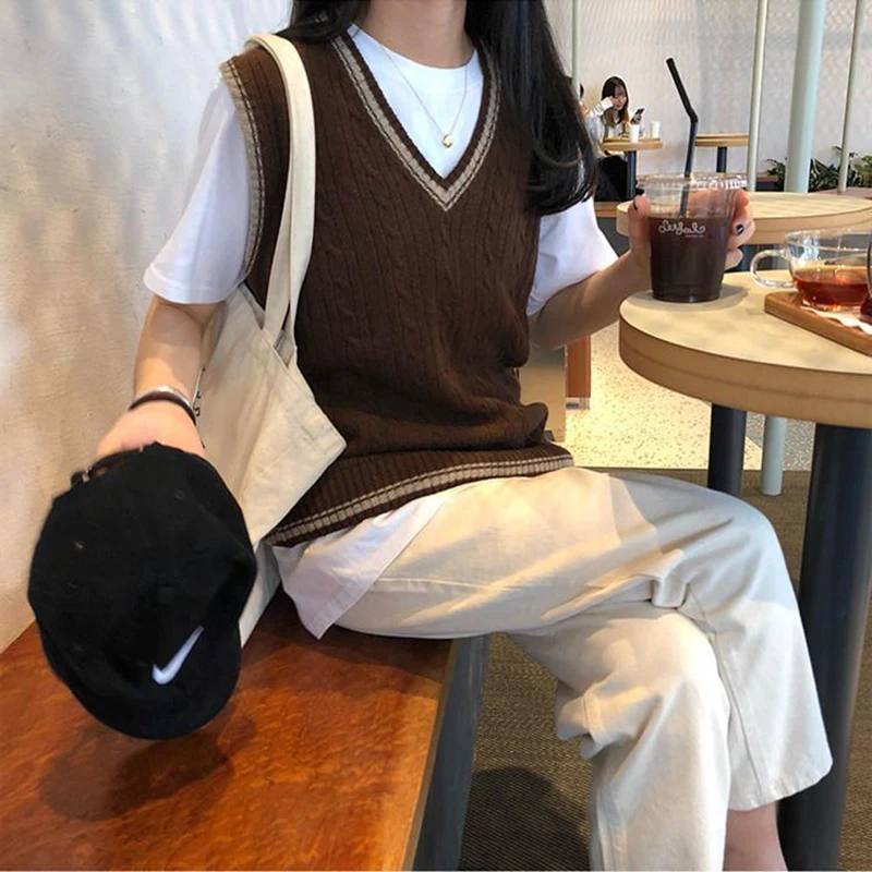 Harajuku Preppy Style V Neck Knitted Sweater Vest Women Autumn Winter Patchwork Sleeveless Vests Sweaters Female Pullovers Y2k