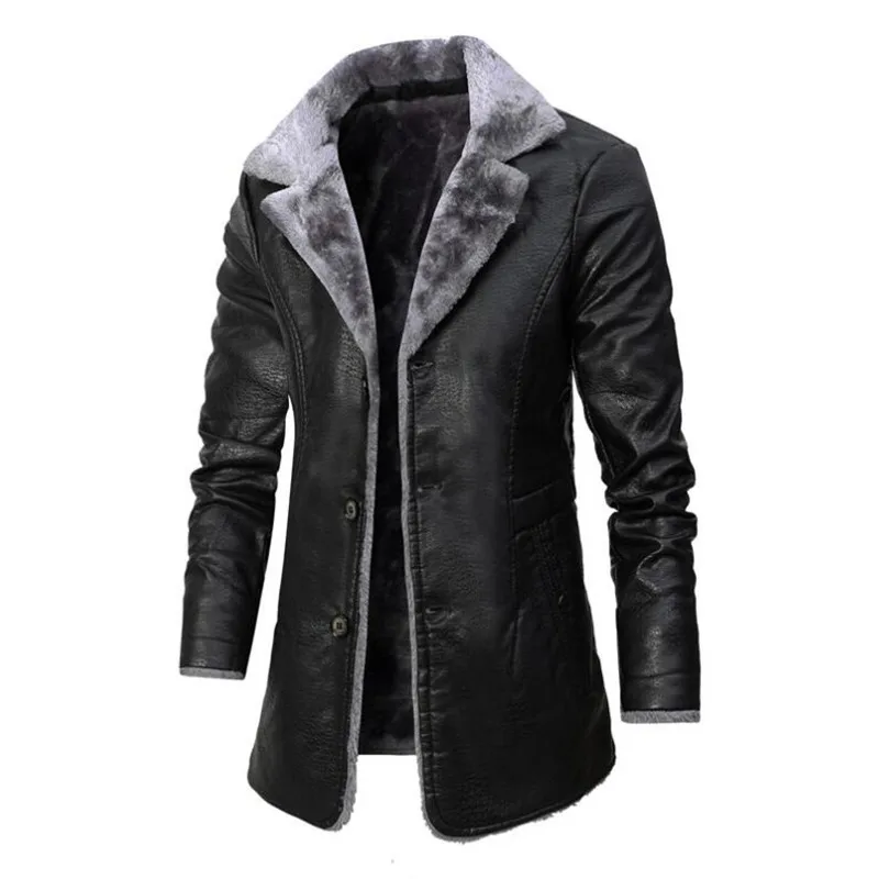 

Men Winter Long Thick Fleece PU Leather Jacket Mens Streetwear Casual Business Clothing Porcket Leather Jackets Coat Outwear Men