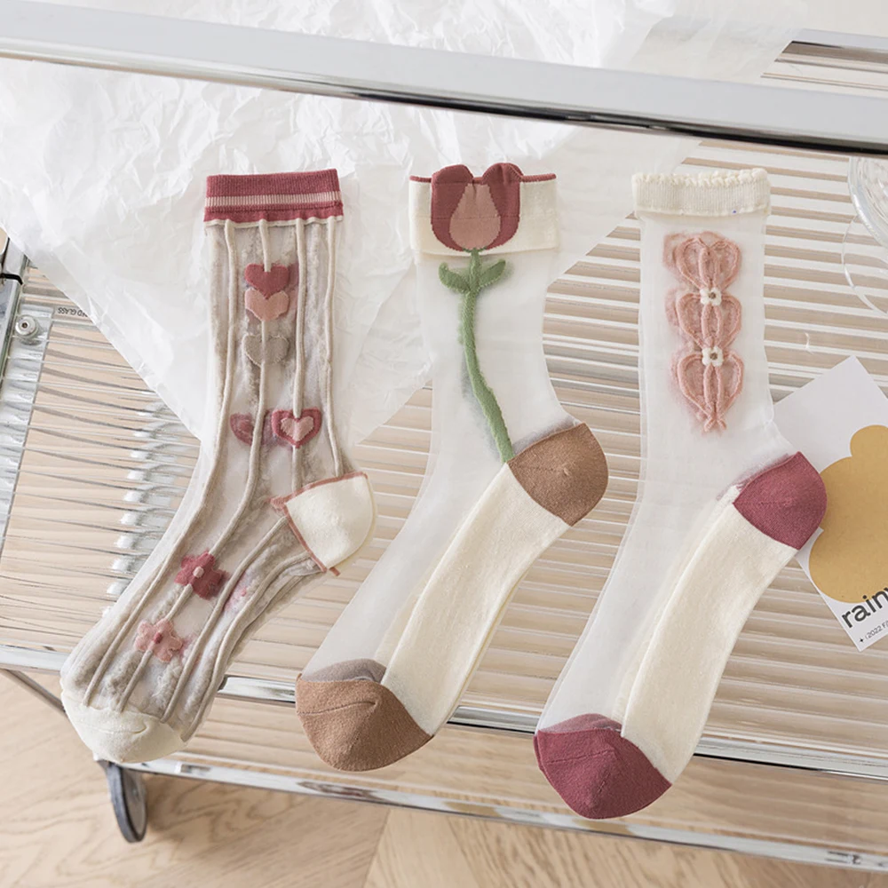 

Summer See Through Transparent Nylon Long Socks Women Ultra-thin Breathable Crystal Silk Socks Embroidery Floral Cute Lace Socks