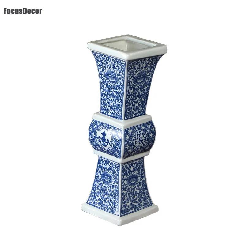 

Искусство Цзиндэчжэнь Deco керамическая ваза, керамическая китайская синяя и белая ваза, украшения, маленькая антикварная квадратная старинная Цветочная бутылка