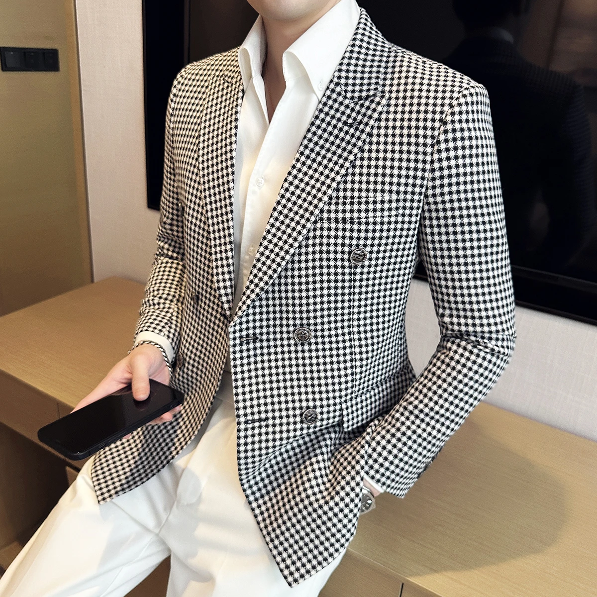 British Style Fashion Double Breasted Casual Blazer Coat Men Check Slim Fit Suit Jacket Formal Office Wedding Tuxedo Jacket