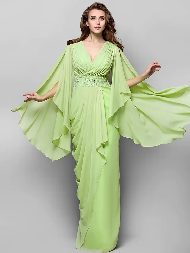 

Elegant Green Evening Dresses Black Tie Gala Dress V-Neck V-Back Long Sleeve Floor Length Chiffon with Crystals Side Draping