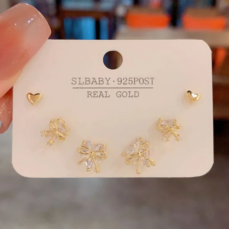 6Pcs/set Bowknot Heart Zircon Stud Earring Sets for Women Exquisite Daily Match Stackable Stud Earrings Gifts