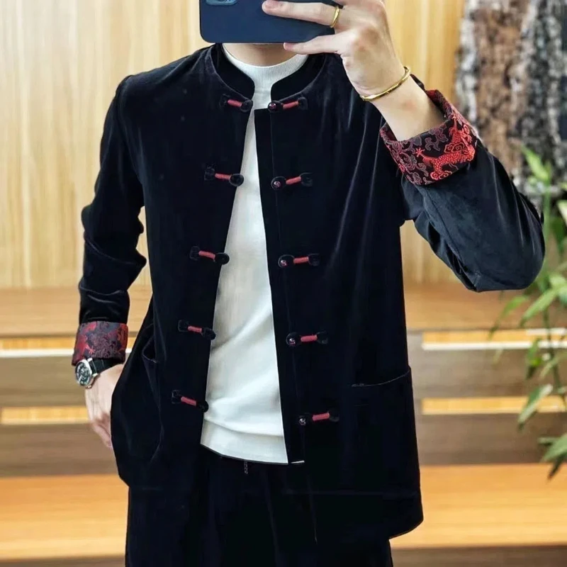 Spring and Autumn New Jackets Men's Stand Up Collar 2024 Fashion Chinese Style Tang Costume Buckle Gold Velvet All-match Coats 4